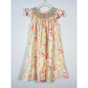 Girl's Le' Za Me Smocked Pastel Paisley Print Ruffle Flutter Sleeve Dress